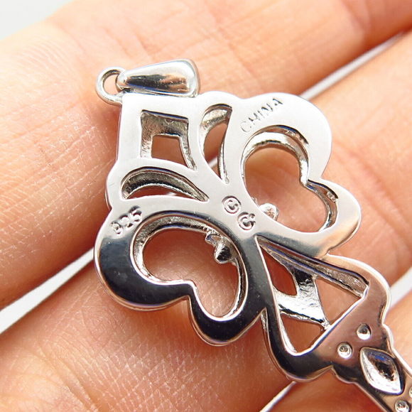925 Sterling Silver TCW  0.05 Real Diamond Fleur-de-Lis Key Design Pendant - Picture 4 of 4